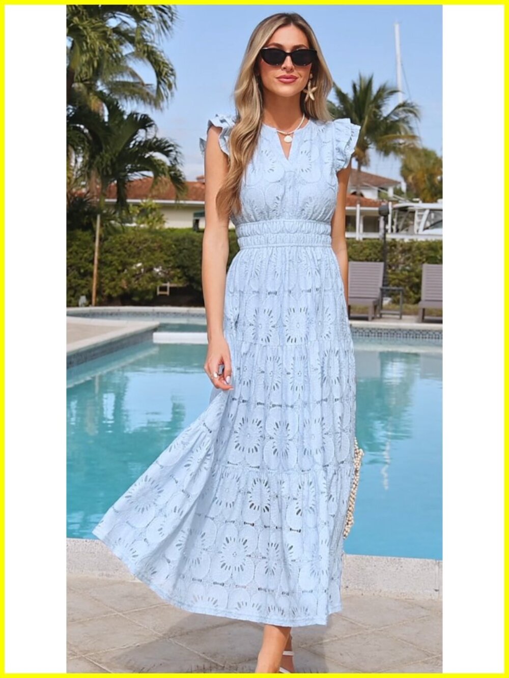 Women's Boho Eyelet Maxi Dress V-Neck Flutter Sleeve - Picture 6 of 6